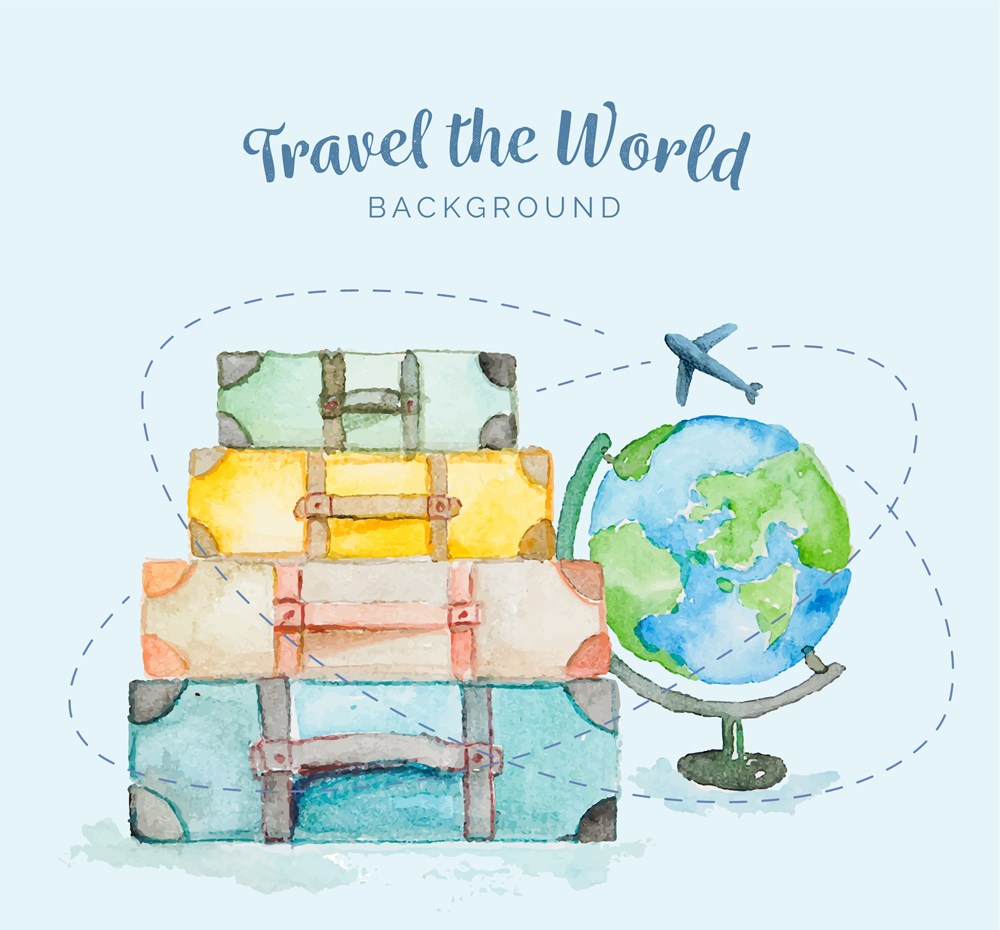 水彩绘堆起的旅行箱和地球仪矢量图 