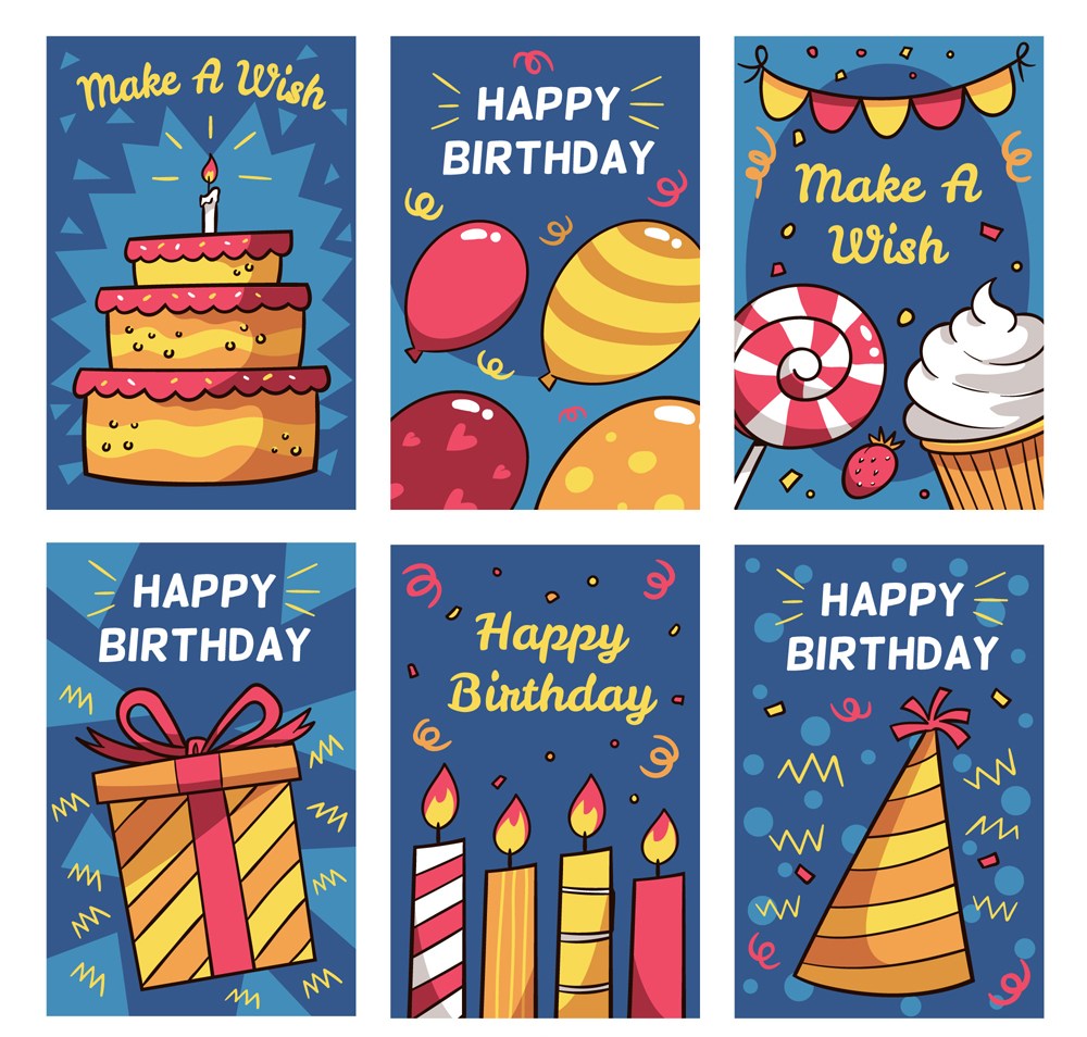 6款彩绘生日快乐卡片矢量素材 