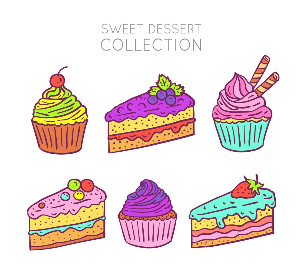 6款彩色手绘甜点设计矢量素材 