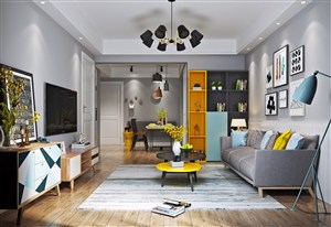 两居室现代风格客厅装修效果图黄灰黑色调设计