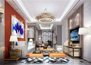 橙色背景蓝色壁画装饰客厅装修效果图现代风格设计