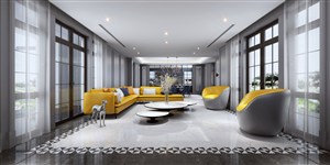 灰色调装饰搭配黄色沙发客厅装修效果图四居室设计