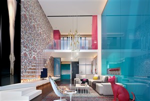 复式楼现代风格客厅装修效果图红蓝搭配设计