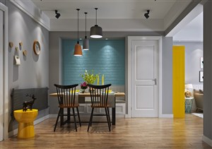 现代风格四人桌餐厅装修效果图黄蓝色调设计