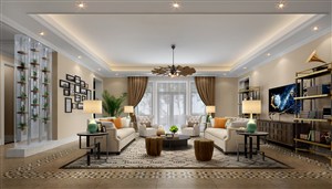 金色调搭配墙壁绿色盆栽装饰客厅装修效果图欧式风格设计