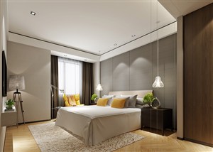 现代风格卧室装修效果图灰白色搭配黄色点缀设计