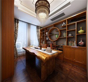 新中式风格书房装修效果图檀木书桌家具设计