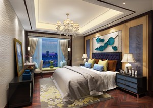 现代风格卧室装修效果图红实木地板蓝色背景墙搭配设计