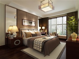 新中式风格卧室装修效果图立体双层方形吊灯装饰设计