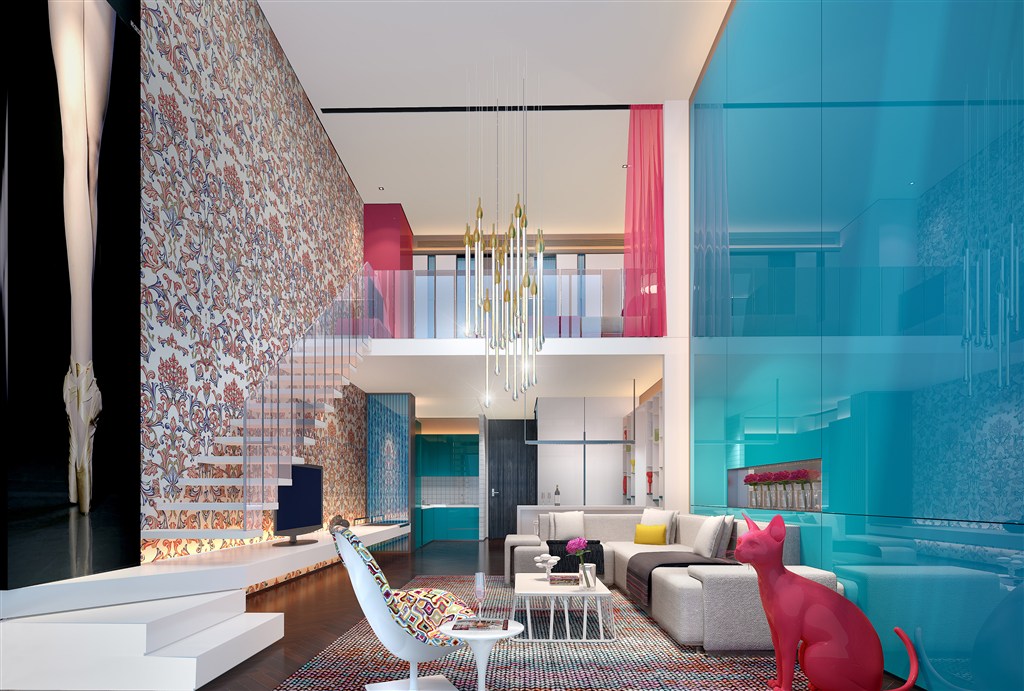 复式楼现代风格客厅装修效果图红蓝搭配设计