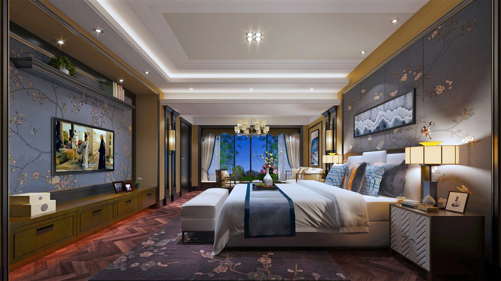中国风中式风格卧室装修效果图紫色背景墙设计