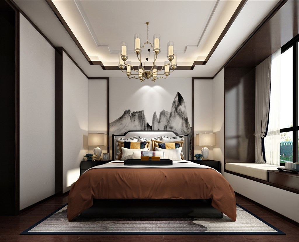中式风格卧室装修效果图白色凸出方正墙面黑色描边设计