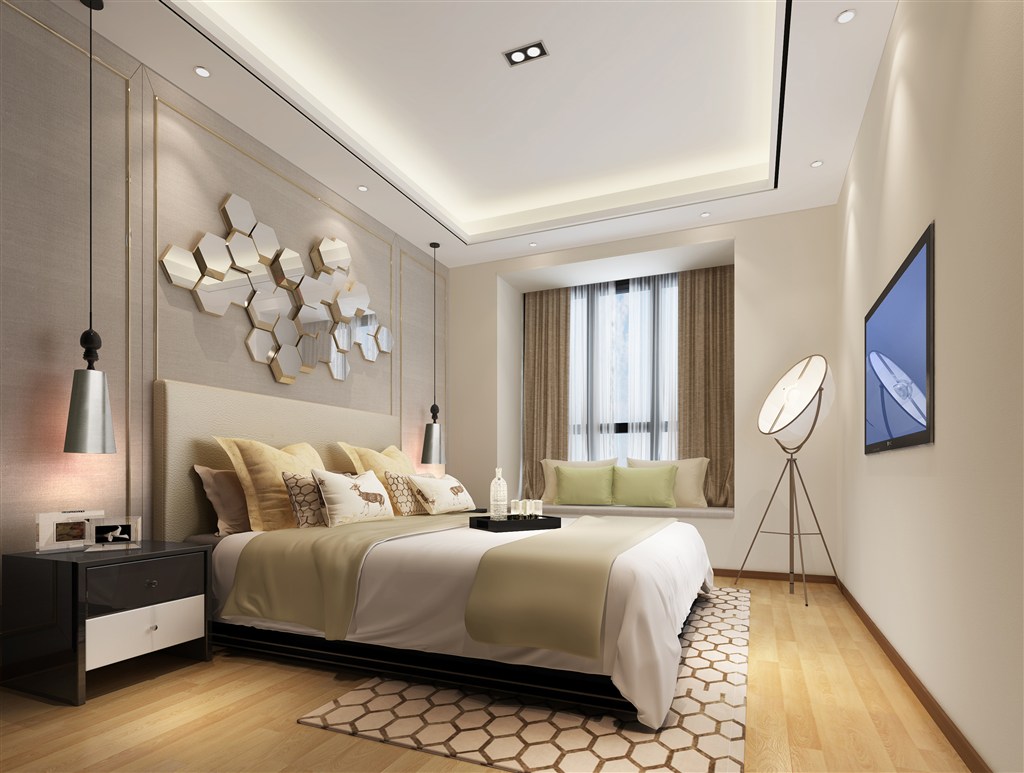 现代风格卧室装修效果图菱形立体背景墙设计