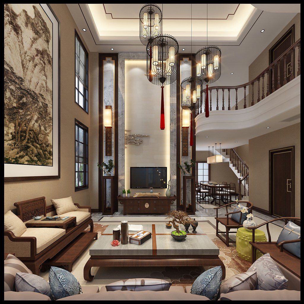 显高大阔气别墅客厅装修效果图新中式风格设计