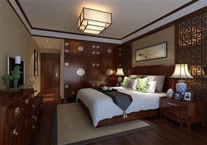 酒红实木新中式风格卧室装修效果图