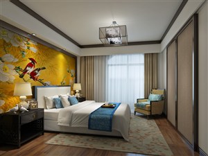 黄色中国画背景新中式风格卧室装修效果图