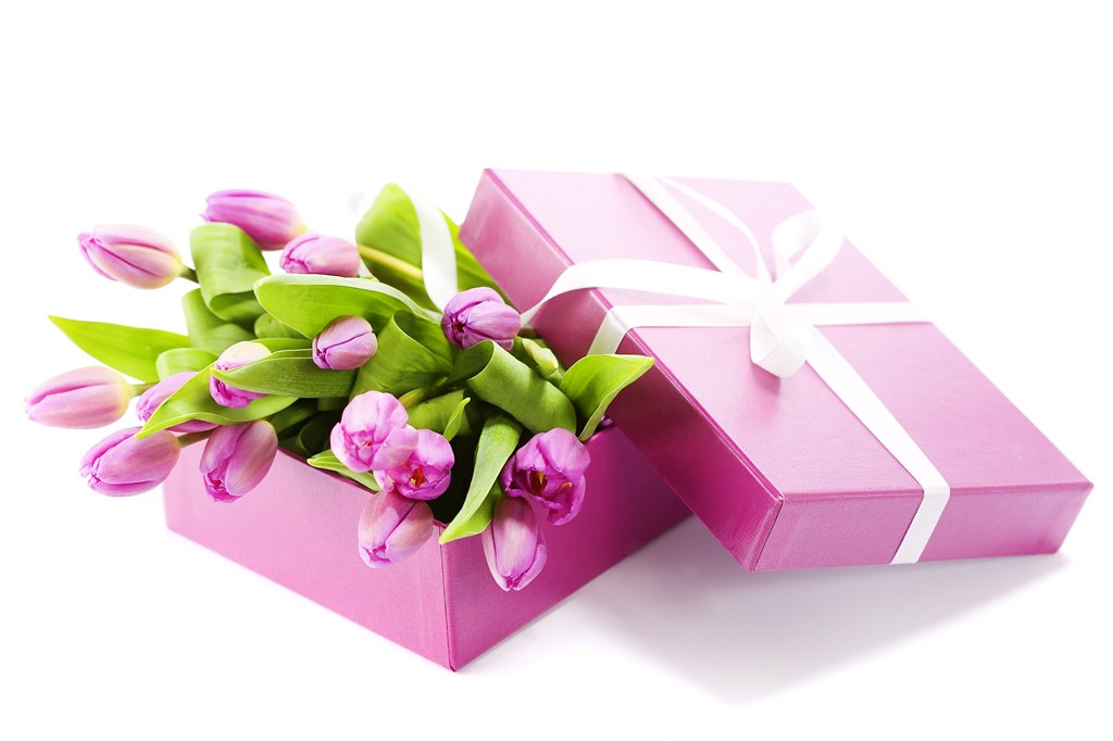 盒装粉紫郁金香鲜花图片