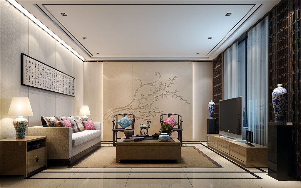 中国字画装饰新中式风格客厅装修效果图两居室设计