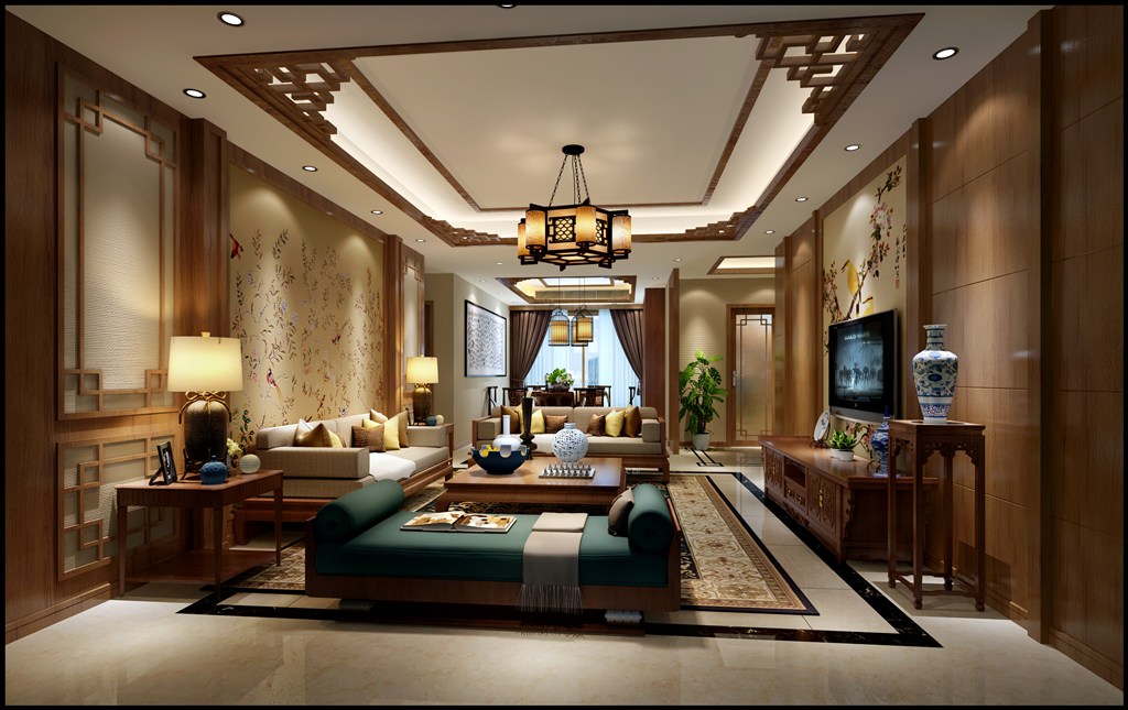 新中式风格客厅装修效果图实木精美雕刻设计