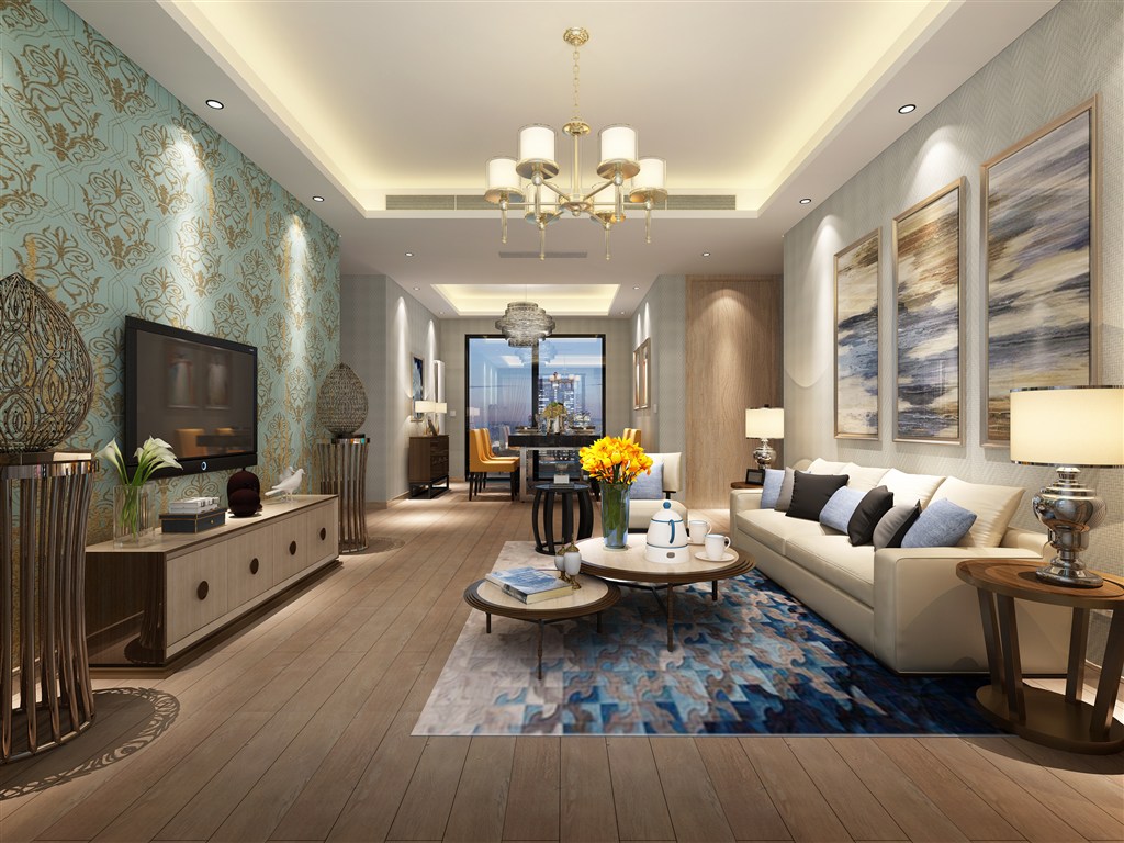 现代风格客厅装修效果图金色印花蓝色底色背景墙搭配设计