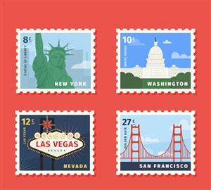 4款时尚旅游邮票设计矢量图自由女神像金门大桥