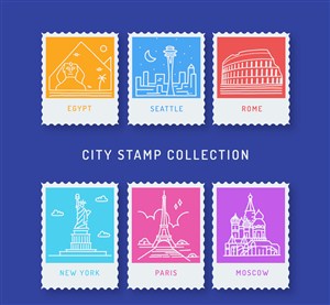 6款白色旅游城市邮票矢量图 