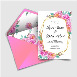 粉色花卉婚礼邀请卡和信封矢量图 