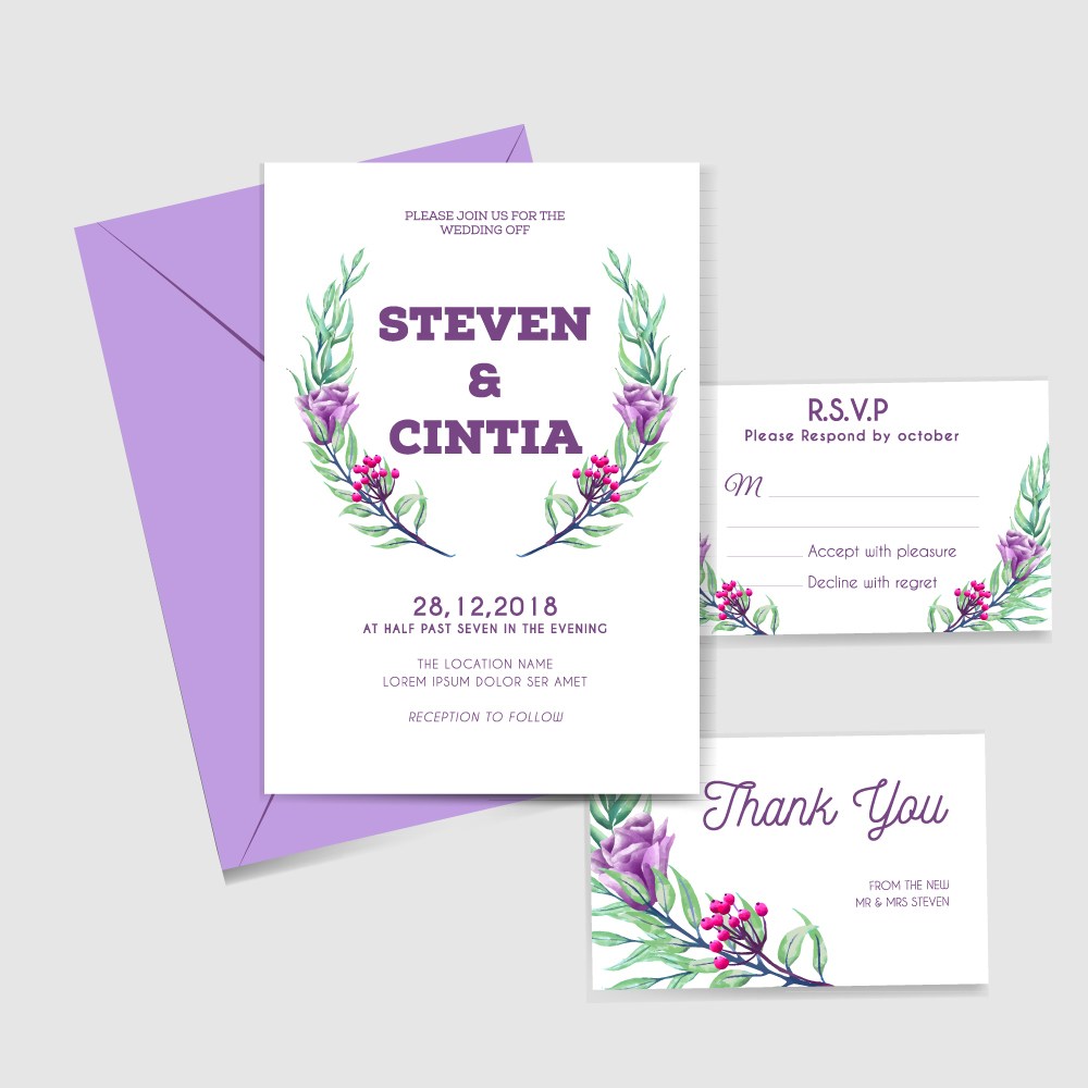 紫色花卉婚礼邀请卡和信封矢量素材 