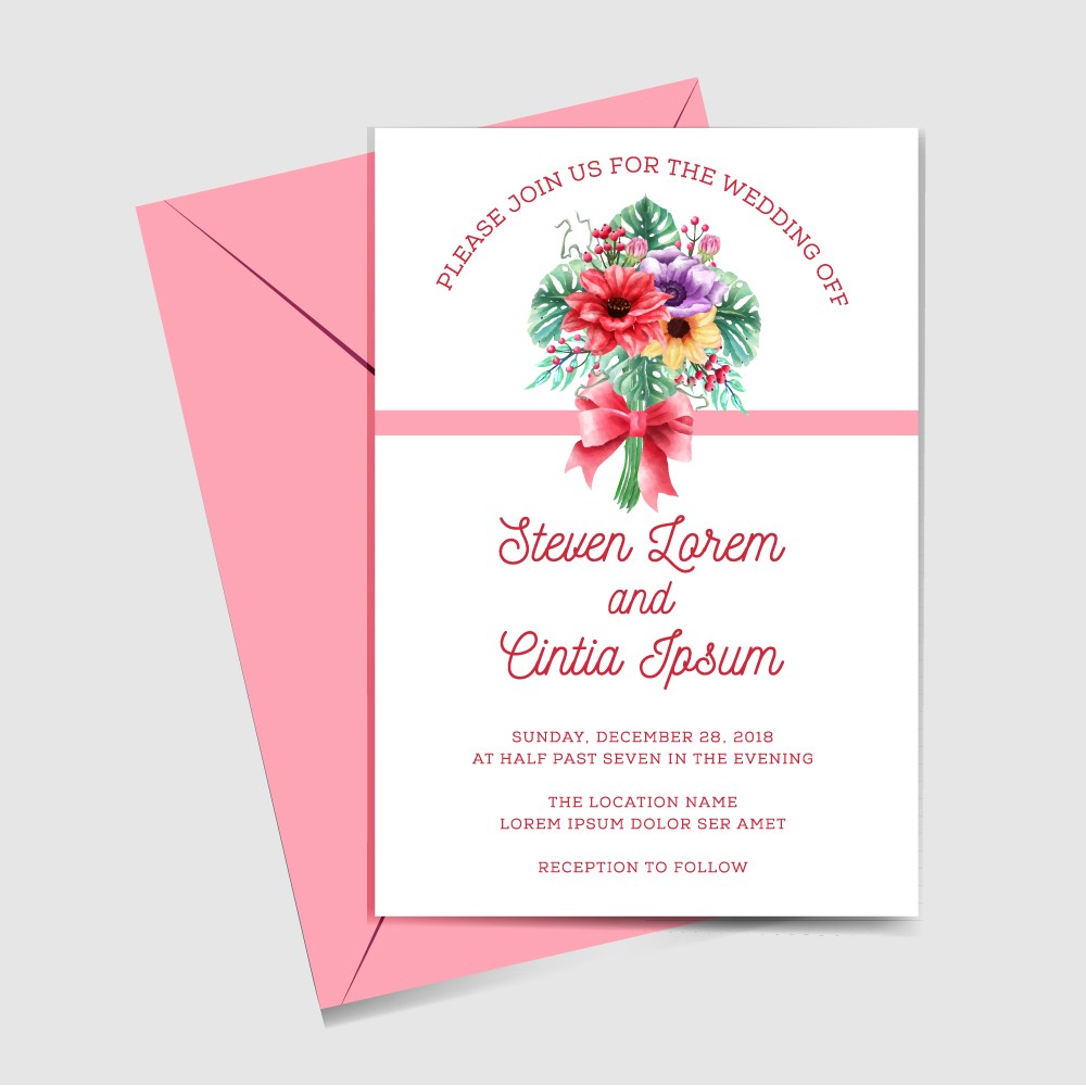 彩绘花束婚礼邀请卡和粉色信封矢量图 
