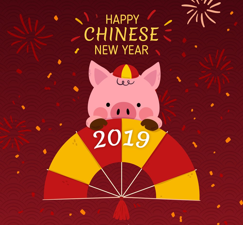 2019年可爱春节猪和扇子矢量图