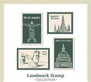 4款创意地标建筑邮票矢量图基督像吴哥窟复活节岛石像白宫