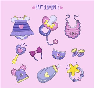 10款手繪紫色嬰兒用品矢量圖