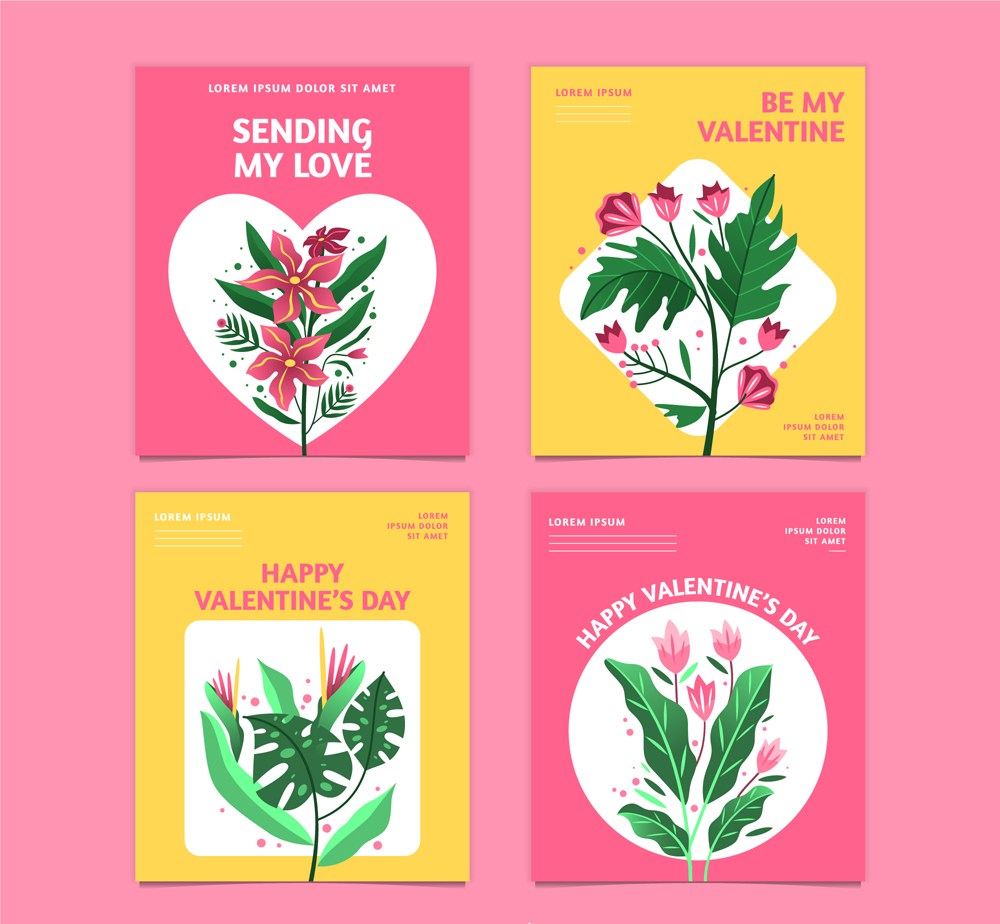4款创意情人节花卉卡片矢量素材