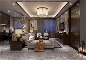茶花状吊灯装饰两居室客厅装修效果图新中式风格设计