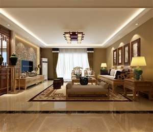 木质雕刻沙发装饰两居室客厅装修效果图新中式风格设计