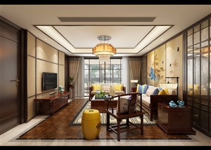 风信子手绘新中式风格客厅装修效果图两居室设计