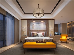 黄色榻榻米搭配设计主卧室装修效果图新中式风格设计