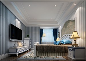 蓝色竖条纹地中海风格客厅装修效果图三居室设计