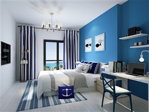 蓝色背景简笔画鱼壁画装饰主卧室装修效果图地中海风格设计