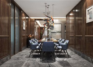 实木墙壁装饰餐厅装修效果图长条桌家具设计