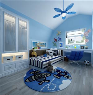 蓝色调小飞机爱心桃装饰儿童房卧室装修效果图地中海风格设计