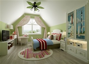 绿色不规则形态儿童房卧室装修效果图地中海风格设计