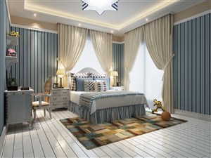 五角形吊灯深浅蓝条纹装饰主卧室装修效果图地中海风格设计