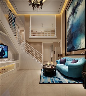 蓝色水墨壁画欧式风格别墅客厅装修效果图