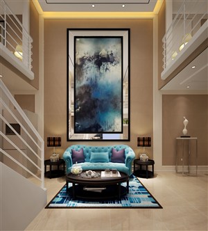 欧式风格别墅客厅装修效果图蓝色沙发地毯壁画对称色调装饰设计