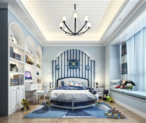蓝色海洋海盗船装饰儿童房卧室装修效果图