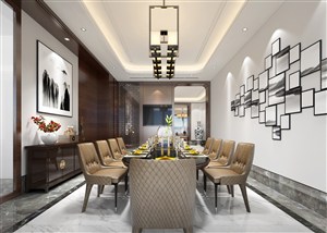 棕色皮沙发餐椅家具餐厅装修效果图新中式风格设计