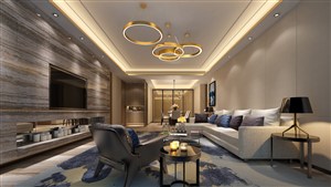 金色环形装饰灯搭配灰色背景客厅装修效果图四居室设计