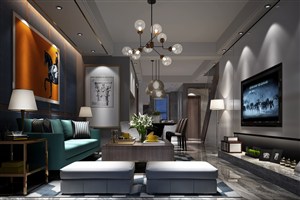 橙色壁画装饰两居室客厅装修效果图现代风格设计