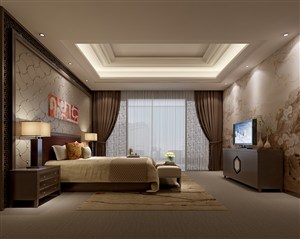 黄色山水中国壁画新中式风格卧室装修效果图